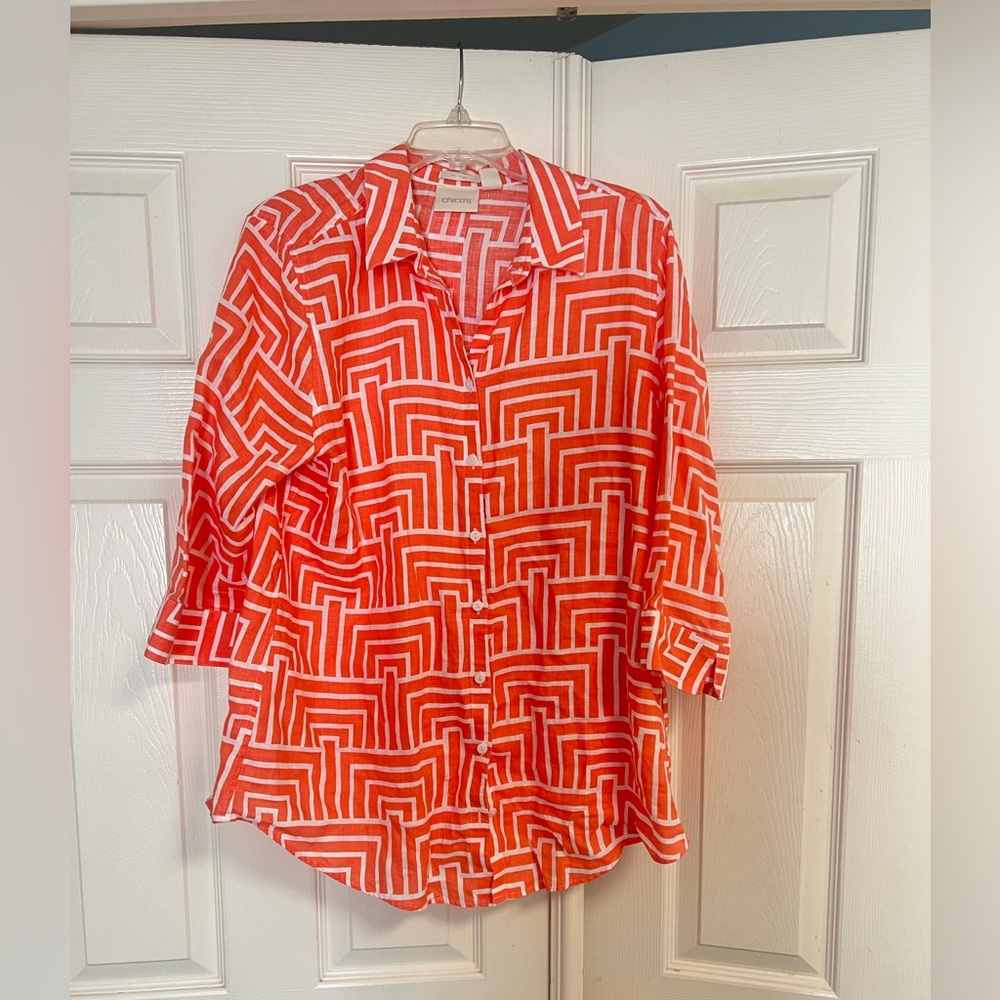 Chico's Women's Sz L Linen Blouse 3/4 Sleeve, Collared Orange And White Summer